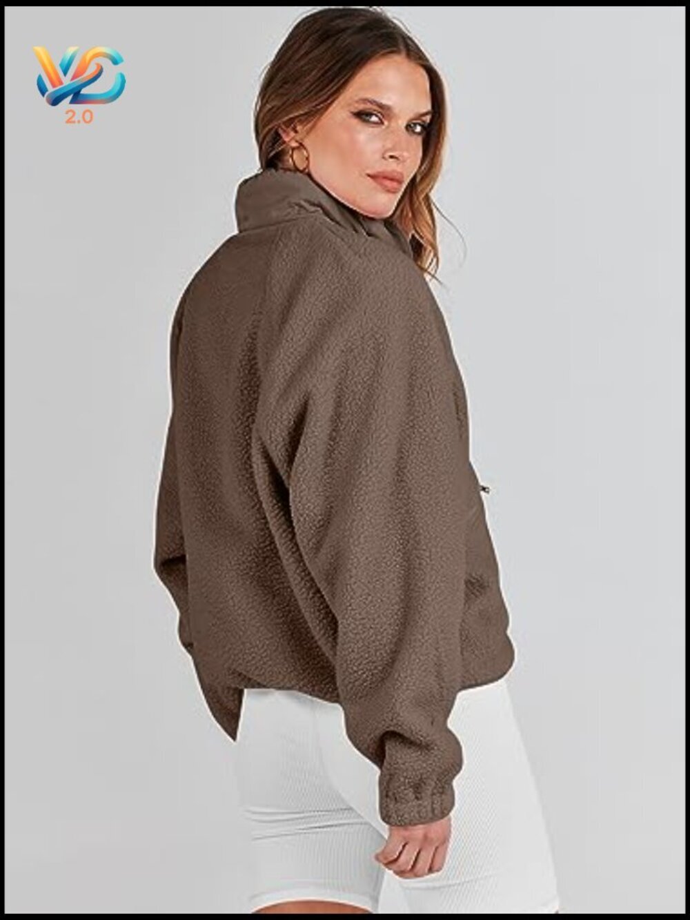 Fuzzy Fleece Cropped Shacket with Pockets, Long Sleeve Button Down Jacket - Picture 6 of 7